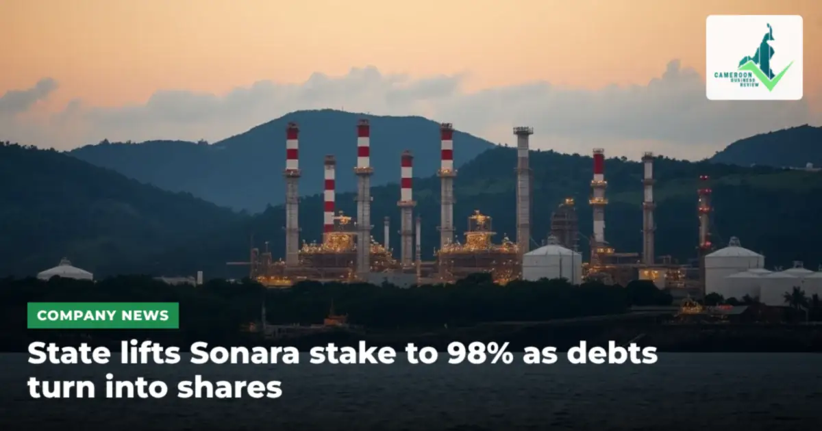 Illustration of a coastal oil refinery with red-and-white chimneys against green hills at dusk, with the Cameroon Business Review logo and a Company News label